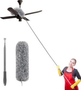 Microfiber Feather Duster with 100-Inch Extendable Pole – Bendable Head, Long Handle for Ceiling Fan, Blinds, Furniture & Car Cleaning (Grey)
