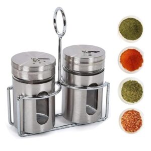 Stainless Steel & Glass Spice Jar with Rack – Adjustable 3-Hole Pour Lid Pepper Shaker | Namak Dani for Kitchen & Restaurant (Set of 1)
